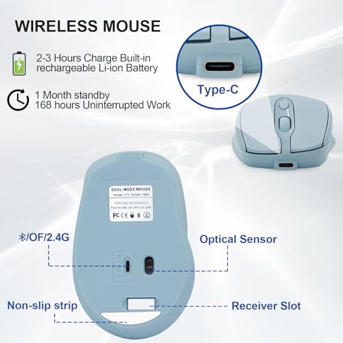 Rechargeable Wireless Bluetooth Mouse, Silent, Portable Slim Computer Mouse (Blue) for Laptop/iPad/MacBook Pro/Air, PC/Surface Pro/Lenovo/Samsung Table - color: Blue