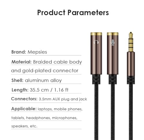 Mepsies Headphone Splitter, 3.5mm Aux Plug to Dual Jack Headset Mic Adapter | Stereo Audio Microphone Y Splitter Extension Cable for Laptop, Smartphone, Tablet, Headset, Speaker and More