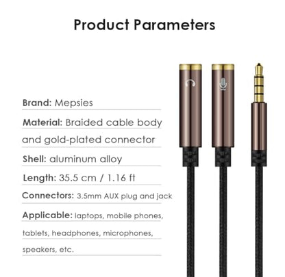Mepsies Headphone Splitter, 3.5mm Aux Plug to Dual Jack Headset Mic Adapter | Stereo Audio Microphone Y Splitter Extension Cable for Laptop, Smartphone, Tablet, Headset, Speaker and More