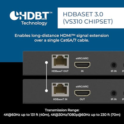 OREI 4K eARC HDMI Extender Balun HDBaseT 3.0 UltraHD 4K @ 60Hz 4:4:4 Over Single CAT6/7 Cable with LAN, CEC, ARC & Bi Directional IR Support, RS-232 Up to 130 Ft Audio Out - PoC - size: 4K w/ eARC