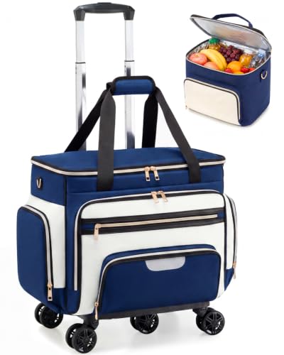 Amythe Rolling Teacher Tote Bag with Lunch Box, Accordion Organizer, 5-Wheel Laptop Bag, 15.6" Laptop Compartment Work Bag - color: Blue