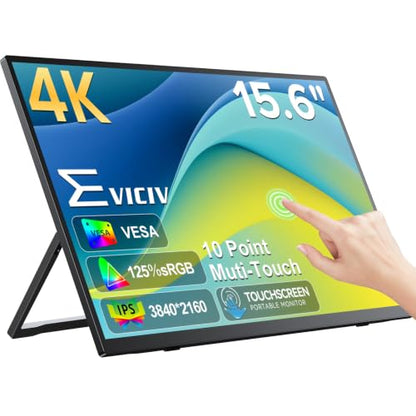 EVICIV Portable Monitor 4K Touchscreen 15.6", 3840 * 2160 UHD, 125% sRGB | 10-Point Touch Laptop Monitor, 2000:1, USB-C & MINI HDMI, VESA & Stand, Ultra-Slim Travel Screen for Computer, Game Consoles - size: 15.6-inch