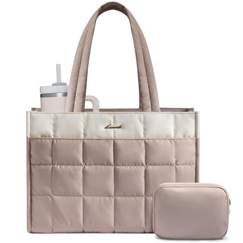 LOVEVOOK Tote Bag for Women, Puffer Work Handbag 15.6 Inch Laptop Purse for Nurse Teacher, Large Quilted Travel Tote Shoulder Bag with Zipper for College Office Clinical Gym,‌ Cream-Blush - color: Nude Pink-beige, size: 15.6 inch