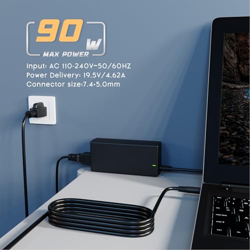 19.5V 4.62A 90W AC Adapter Charger Power Supply Cord for Dell Laptop Computer, Dell PA-10 90-watt Power Supply(Connector: 7.4x5.0mm)