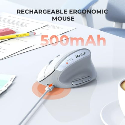 MEETION Ergonomic Vertical Mouse, Wireless Bluetooth Mouse - White | Rechargeable mouse with dual Bluetooth 5.2 and USB, 4 DPI levels (800–2400), compatible with Windows, Mac, PC and iPad - color: Right Gray