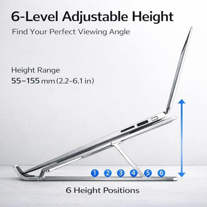 Portable Foldable Laptop Stand for Travel, Adjustable Aluminum Laptop Stand Riser for Desk, Ergonomic Computer Stand with Pouch for 16–18 Inch Laptops (Silver)