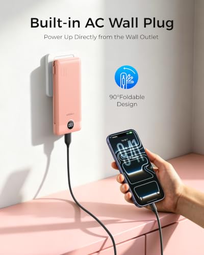 VEGER Portable Charger with Built-in AC Plug and Cables, All in One 10000mAh Ultra Slim Power Bank Travel Essentials, USB C External Battery Pack Compatible with iPhone, Samsung, More, Dark Pink - color: F Dark Pink