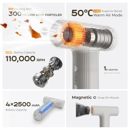 Compressed Air Duster with 50°C Heated Air, 110000 RPM Cordless Electric Air Duster, 3-Speed Rechargeable Air Blower, 10000mAh Battery, Magnetic Flat Nozzle for PC, Car Interior, Camping