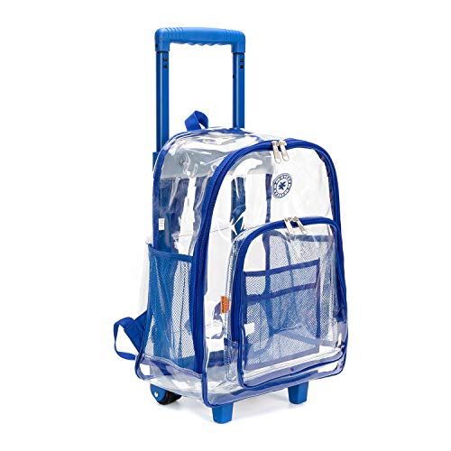 K-Cliffs Rolling Clear Backpack Heavy Duty Bookbag Quality See Through Workbag Travel Daypack Transparent School Book Bags w/Wheels - color: Royal Blue