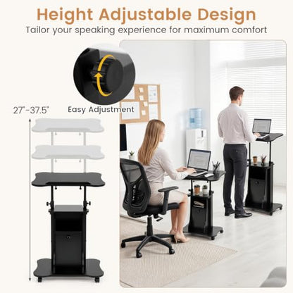 GIANTEX Mobile Podium Stand, Sit-to-Stand Laptop Cart (Black, 1 Pack) | Tilting Tabletop & Storage Cabinet, Lockable Casters, Height-adjustable Rolling Lectern for Classroom, Church, Home Office - color: Black