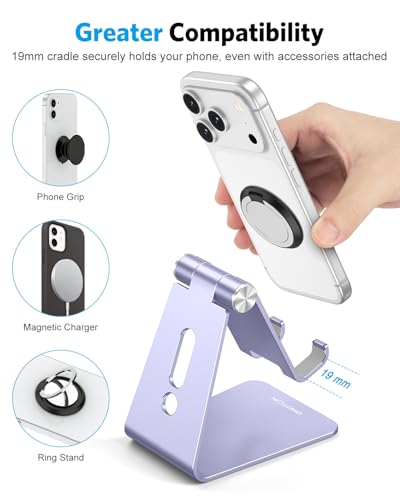 OMOTON Adjustable Cell Phone Stand, C2 Aluminum Desktop Cellphone Stand with Anti-Slip Base and Convenient Charging Port, Fits All Smart Phones, Haze Purple | Sturdy 3mm Aluminum, Charging Port, 270° Adjustable, Non-Slip Silicone Pads, Works with Thick Ca