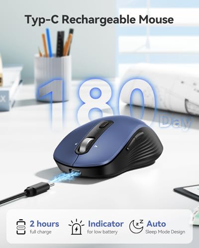 TECKNET Rechargeable Bluetooth Mouse, [ USB + BT5.0 + BT3.0 ] Wireless Mouse, Ergonomic 4-Way Scroll Wheel Computer Mice, 6-Level 4800 DPI Silent Mice, Multi-Device for Computer/Laptop/MacBook (Blue) - color: Blue