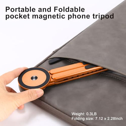 3-in-1 Foldable Magnetic Phone Tripod Stand, Portable Aluminum Alloy Adjustable Holder for Tablet, Laptop MacBook Pro/Air 10–16", Magnet Phone Mount Compatible with MagSafe iPhone Android - color: Orange