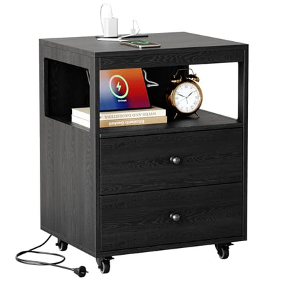 Bedroom Nightstand with Charging Station, Side Table with 2 Drawers,Sofa End Table Living Room with Wheels for Living Room Bedroom Office(Black) - color: [A2] Black