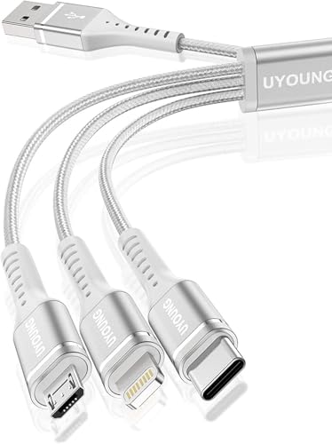 Short Multi Charging Cable 1FT 2Pack 3 in 1 Charger Cord Braided Universal Phone Cords with Lightning/Type C/Micro USB Connectors, Multiple USB Cable for iPhone/Samsung/Google Cell Phones and More - color: Silver, size: 1FT, style: USB A to Multiple Conne