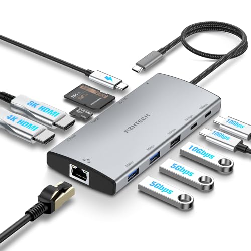 USB C Docking Station Dual Monitor, RSHTECH 11-in-1 USB C Hub Multiport Adapter with 2 HDMI 4K/8K, 3 USB 3.2 Ports 10Gbps(2C+1A), 2 USB 3.0 Ports, 100W PD, Gigabit Ethernet, SD/TF Card Reader - size: 11-in-1 USB C Hub