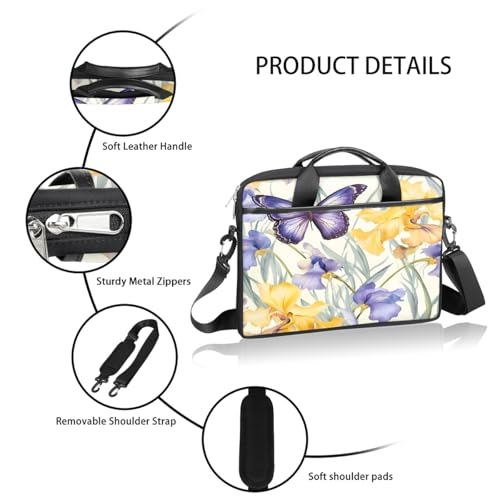 Laptop Shoulder Bag for Women Men, Waterproof Computer Case Messenger Bag Briefcase for Business Office Travel - color: Purple Yellow Iris Flower Butterfly