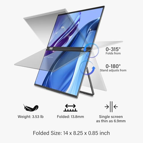 InnoView Portable Dual Monitor 15.6" 3840x2160P 4K 100% sRGB | Owl Eye Vision - Foldable Design with 315° Screen Adjustment, 180° Stand | DP/USB-C/HDMI, Dual Screen Extender for Laptop, Mac, Windows - size: 15.6 in