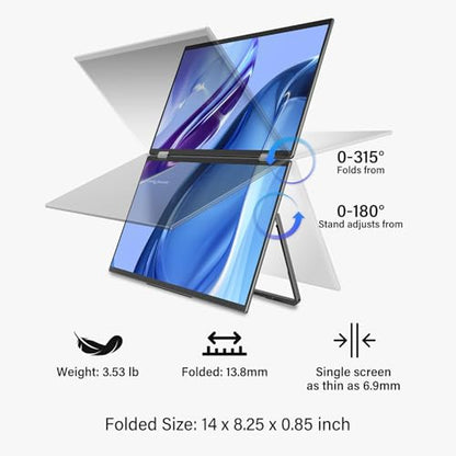 InnoView Portable Dual Monitor 15.6" 3840x2160P 4K 100% sRGB | Owl Eye Vision - Foldable Design with 315° Screen Adjustment, 180° Stand | DP/USB-C/HDMI, Dual Screen Extender for Laptop, Mac, Windows - size: 15.6 in