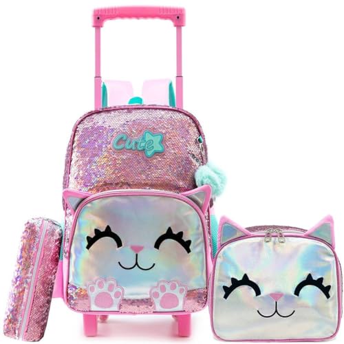Rolling Backpack for Girls,Lightweight Wheeled School Backpack for Elementary and Middle School Students,Backpack with Wheels for Kids - color: Pink Cat