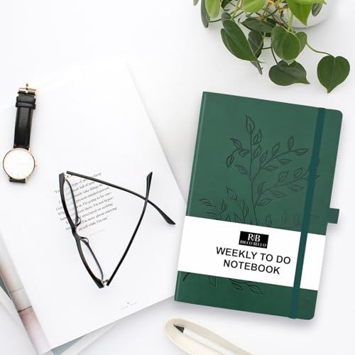 RICCO BELLO Undated Weekly Planner To Do Notebook, Green Leaves, 5.7x8.4" | Faux Leather Hardcover, Pen Holder, Bookmark & Band Closure, Storage Pocket, For Work, School, Home - color: Green Leaves