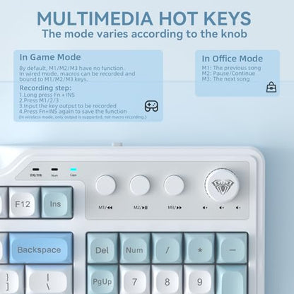 Aula F3099 Wireless Keyboard with Media Knob, Tri-Mode BT5.0/2.4GHz/USB-C Cute Creamy Keyboard with Number Pad, RGB Backlit Gaming Keyboard, Quiet Typing Computer Keyboards for Office Laptop/PC