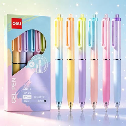 deli Gel Pens, 6 Pcs Retractable Pens Black Ink, 0.7mm Medium Point Pen | Silent Click, Smooth Writing with Aesthetic Gradient Color for Journaling Note Taking - size: 6 PCS