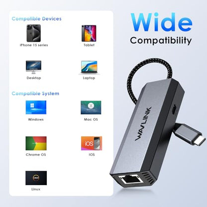 WAVLINK USB C to Ethernet Adapter 2.5 Gbps, USB to 2.5G Ethernet Adapter with 95W Power for Laptop, USB-C to RJ45 Network Converter (Thunderbolt 4/3 Compatible) for Windows, Mac OS, iPad OS and More | 95W Power for Laptop, USB-C to RJ45 Network Converter