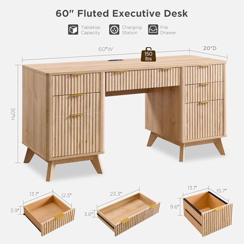 T4TREAM Fluted Executive Desk with Drawers, 60" Modern Home Office Computer Desk with Charging Station, File Cabinet, Keyboard Tray and Storage Cabinet for Study, Living Room, Bedroom, Natural Oak - color: Natural Oak