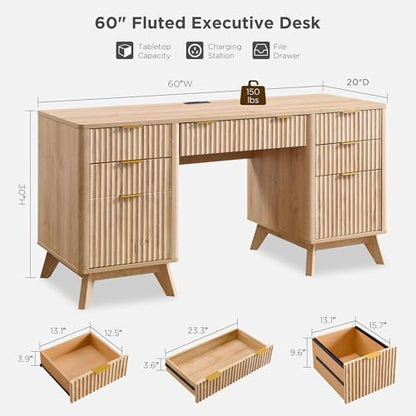 T4TREAM Fluted Executive Desk with Drawers, 60" Modern Home Office Computer Desk with Charging Station, File Cabinet, Keyboard Tray and Storage Cabinet for Study, Living Room, Bedroom, Natural Oak - color: Natural Oak