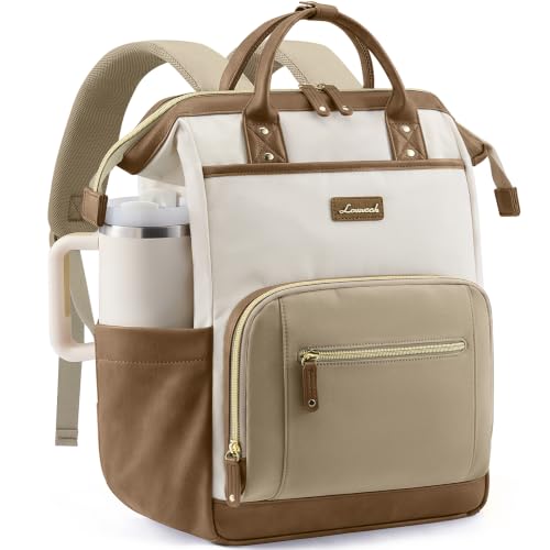 LOVEVOOK Laptop Backpack with Giant Tumbler Holder,15.6 inch Professional Nurse Teacher Backpack Computer Laptop Bag,Cute Travel Backpack Purse Work College Bag,Gift for Women & Men,Beige-Khaki-Yellow - color: Beige-khaki-brownish Yellow, size: 15.6 Inch