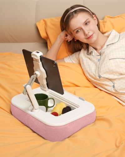 Viozon Kindle Pillow Stand Holder, Phone Holder for Bed, Laptop Lap Desk with Mouse Pad,Compatible with 4.7-13" Kindle/Tablet/Phone,10-15" Laptop, Snack Bowl&Cup Attachment&Detachable 360° Stand Arm,P - color: Pink