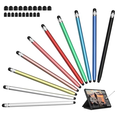 Stylus 10Pcs, Stylus Pen for Touchscreen, Universal 2-in-1 Stylists Stylus Pens for iPhone/Android/iPad/Samsung/Smartphone and Tablets- with 20 Replaceable Rubber Tips, High Precision and Sensitivity - color: White/Silver/Gold/Pink/Red/Green/ Blue/Black