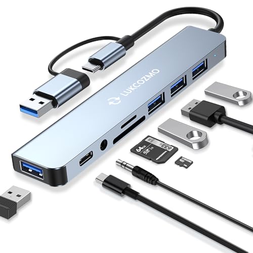 7-in-1 USB C Hub with 4 USB 3.0 Ports SD/TF Card Reader | Compatible with MacBook, iPad Pro, Dell, HP Laptops, Phones, Audio Output, Aluminum Shell, Plug and Play - color: Space gray