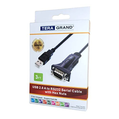 Tera Grand - Premium USB 2.0 to RS232 Serial DB9 Adapter Cable 3 Feet - Supports Windows 11, 10, 8, 7, Vista, XP, 2000, 98, Linux and Mac - Built with FTDI Chipset and Hex Jack Nuts - size: 3 ft, style: Hex Jack Nuts