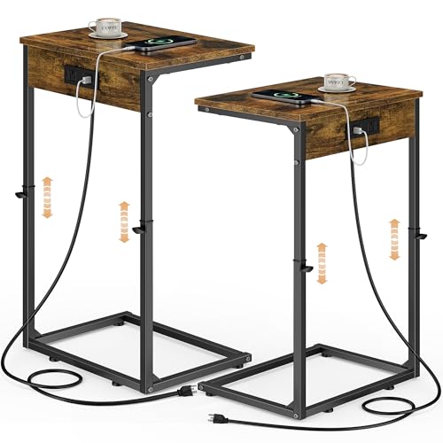 C Shaped End Tables Set of 2 with Charging Station, 33.2'' Tall C Table Adjustable Height Side Table, Small Side Table for Small Spaces, Couch Sofa Table TV Tray for Living Room, Rustic Brown - color: Rustic Brown (2 Pack), style: With Plug