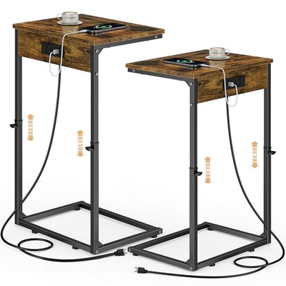 C Shaped End Tables Set of 2 with Charging Station, 33.2'' Tall C Table Adjustable Height Side Table, Small Side Table for Small Spaces, Couch Sofa Table TV Tray for Living Room, Rustic Brown - color: Rustic Brown (2 Pack), style: With Plug