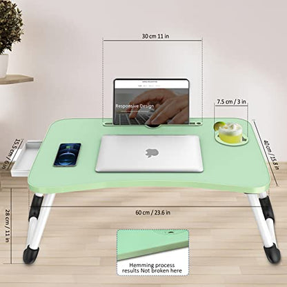 Zapuno Multi-Function Laptop Bed Table with Storage Drawer and Cup Holder, Lap Desk Stand Tray for Eating, Reading and Working - color: Green