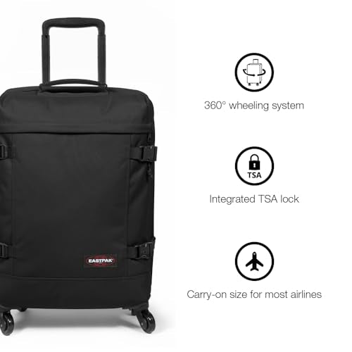 EASTPAK TRANS4 S – 44L Small Cabin Wheeled Luggage, Two Compartments, TSA Lock, 360° Spinner Wheels, and Telescopic Handle, Black - color: Black, size: 44 Liter Carry On