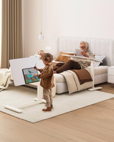 FLEXISPOT H7 PRO 90° Tiltable Mobile Overbed Table with Pneumatic Lift,28'' | Full foldable bedside table with adjustable desktop for laptop, Rolling Computer Cart and bed sofa.27.6" W x 15.7" D,White - color: White, size: 28x16