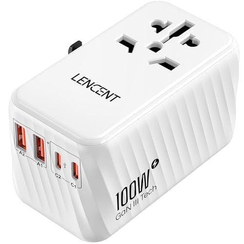 LENCENT Universal Travel Adapter, 100W GaN International Fast Charger with 2 PD3.0 Type C+2 QC USB A, Worldwide Power Adaptor for Phones,Laptops, All in One Travel Essentials for EU/USA/UK/AU, White - color: White