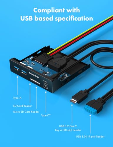 GRAUGEAR 3.5 Inch Front Panel USB C Hub, SD/microSD Internal Card Reader, 20Gbps USB 3.2 Gen 2x2, USB3.2 Type-E Key-A 20-Pin Header & USB3.0 Header & 15-Pin SATA Power Connection Required [G-MP01CR] - style: 6 Port