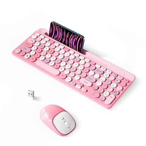 Retro Wireless Keyboard with Round Keycaps, 2.4GHz Full-Size USB Cute Wireless Keyboard Mouse for Computer, Desktop, Laptop and Computer (Pink-Colorful) - color: Pink-Colorful