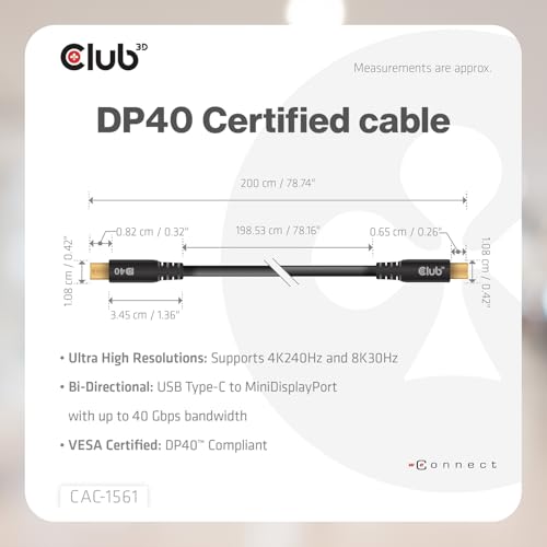 Club 3D Mini DisplayPort to USB C Cable 2m/6.6ft - DP 2.1 Certified 8K@30Hz 4K@240Hz Video Adapter for Mac PC Gaming Monitor- Bi-Directional Cable