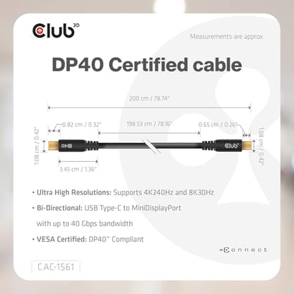 Club 3D Mini DisplayPort to USB C Cable 2m/6.6ft - DP 2.1 Certified 8K@30Hz 4K@240Hz Video Adapter for Mac PC Gaming Monitor- Bi-Directional Cable