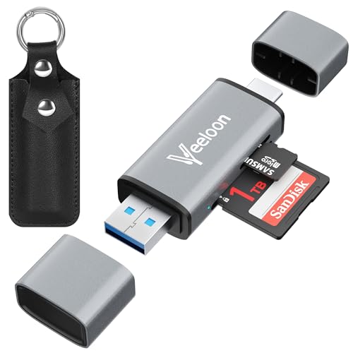 OTG SD Card Reader，Dual Slots USB 3.0 Type C to Micro SD Card Adapter, MicroSD SDHC SDXC Memory Card Viewer with Leather Carrying Case for Camera, iPhone 17 16 15 Pro/Pro Max PC MacBook Laptop