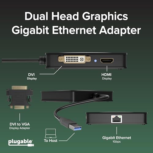 Plugable USB 3.0 Laptop Docking Station – Dual Monitor (HDMI & DVI/VGA), Gigabit Ethernet, Audio, USB Hub - Compatible with Windows & Mac