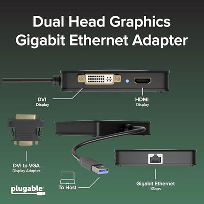 Plugable USB 3.0 Laptop Docking Station – Dual Monitor (HDMI & DVI/VGA), Gigabit Ethernet, Audio, USB Hub - Compatible with Windows & Mac