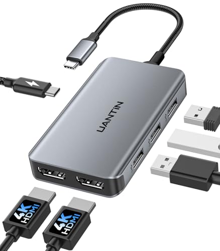 UANTIN 6-in-1 USB C Hub, Type C to Dual HDMI Adapter 4K@60Hz | HDMI Splitter Extended Display for Dual Monitor with 100W PD, USB 2.0, Dual HDMI Adapter for USBC Devices with DP Alt Mode