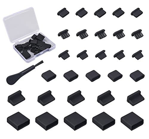 30x USB Dust Cover Port Plugs, 6 Types Silicone USB Cap Port Stopper for USB Type-C, USB A Female, Micro USB, iPhone 14/13/12, USB Female & Male Ports Protecor Kit with Cleaning Brush